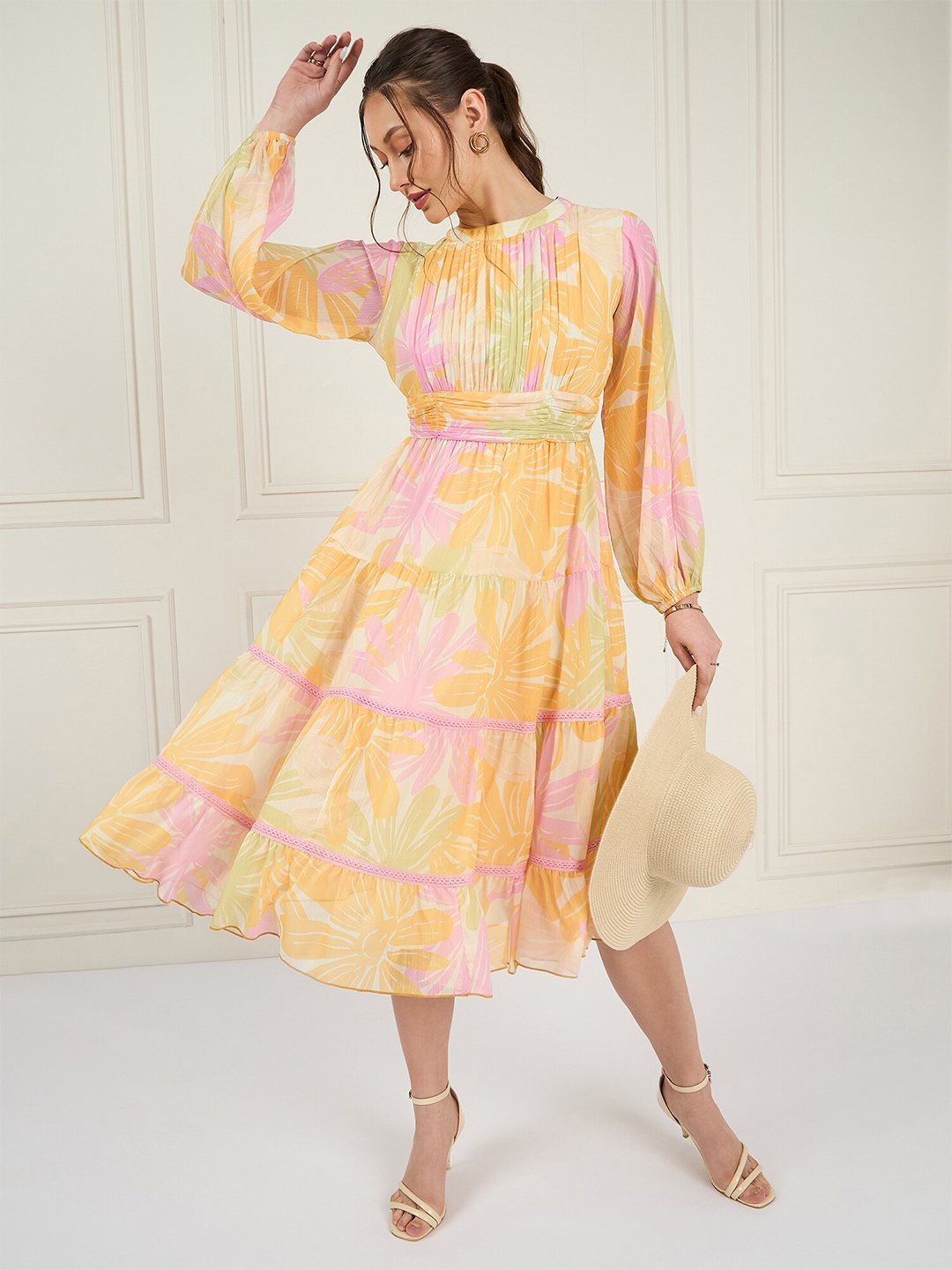 

Antheaa Floral Printed Pleated Puff Sleeves Tiered Chiffon Fit & Flare Midi Dress, Yellow