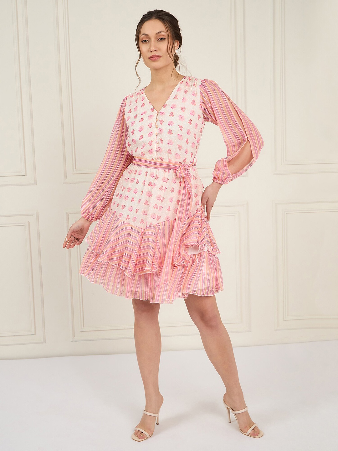 

Antheaa Floral Printed Puff Sleeve Layered Chiffon A-Line Dress, Off white