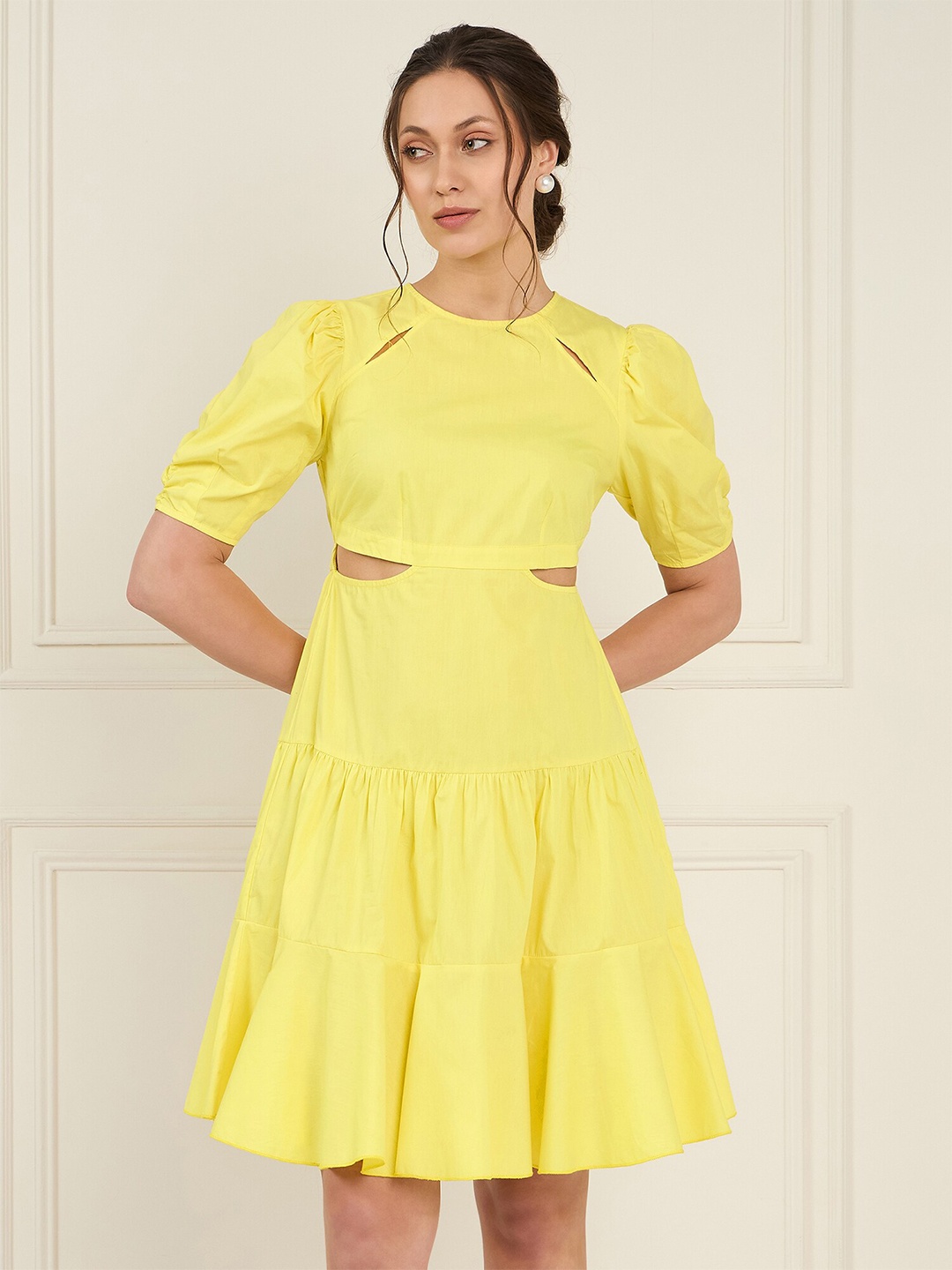 

Antheaa Cut-Out Detail Puff Sleeves Tiered Cotton Fit & Flare Dress, Yellow