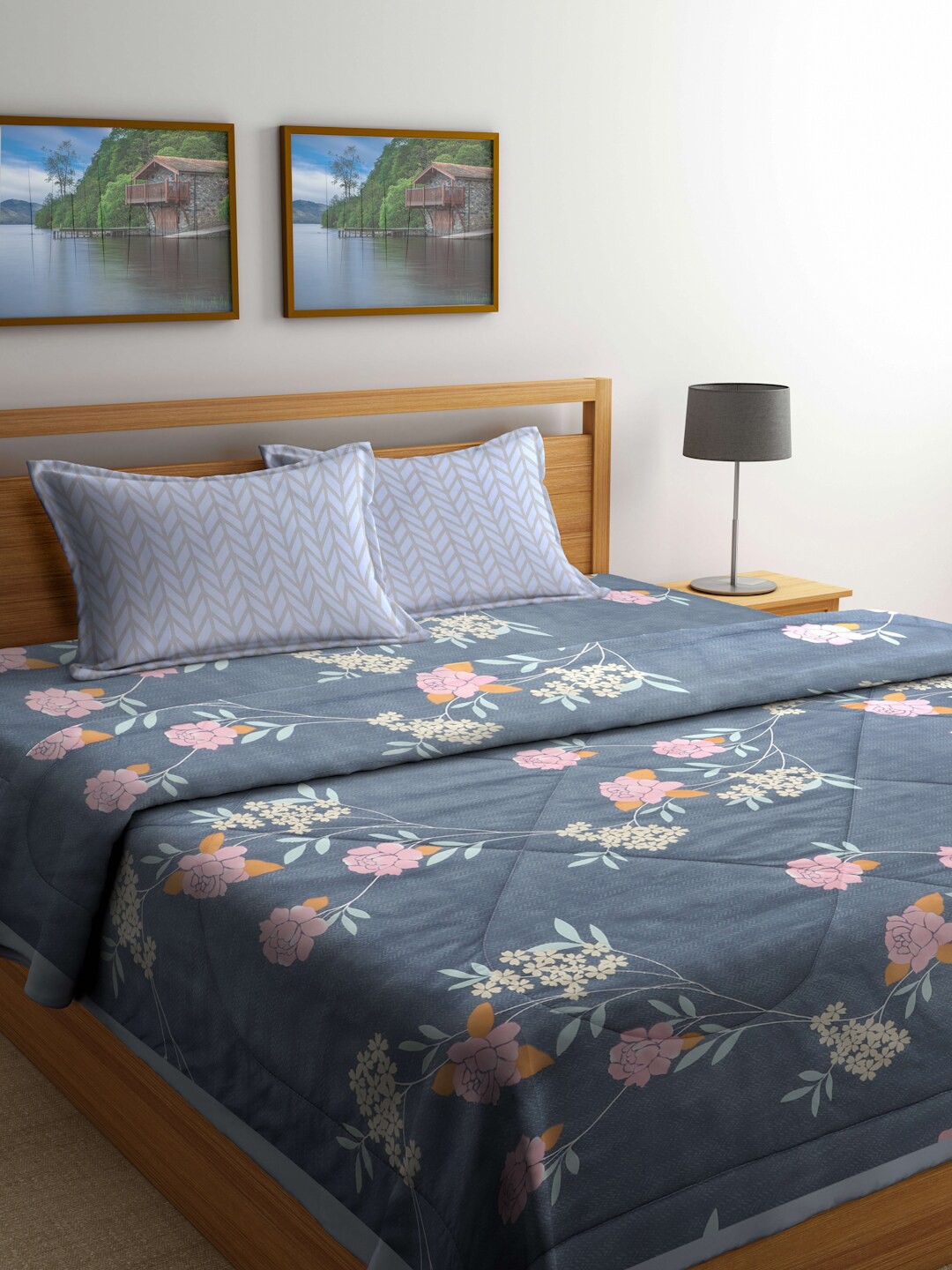 

Miaz Lifestyle Grey & Pink 4 Pieces Floral Printed Cotton Double Queen Bedding Set