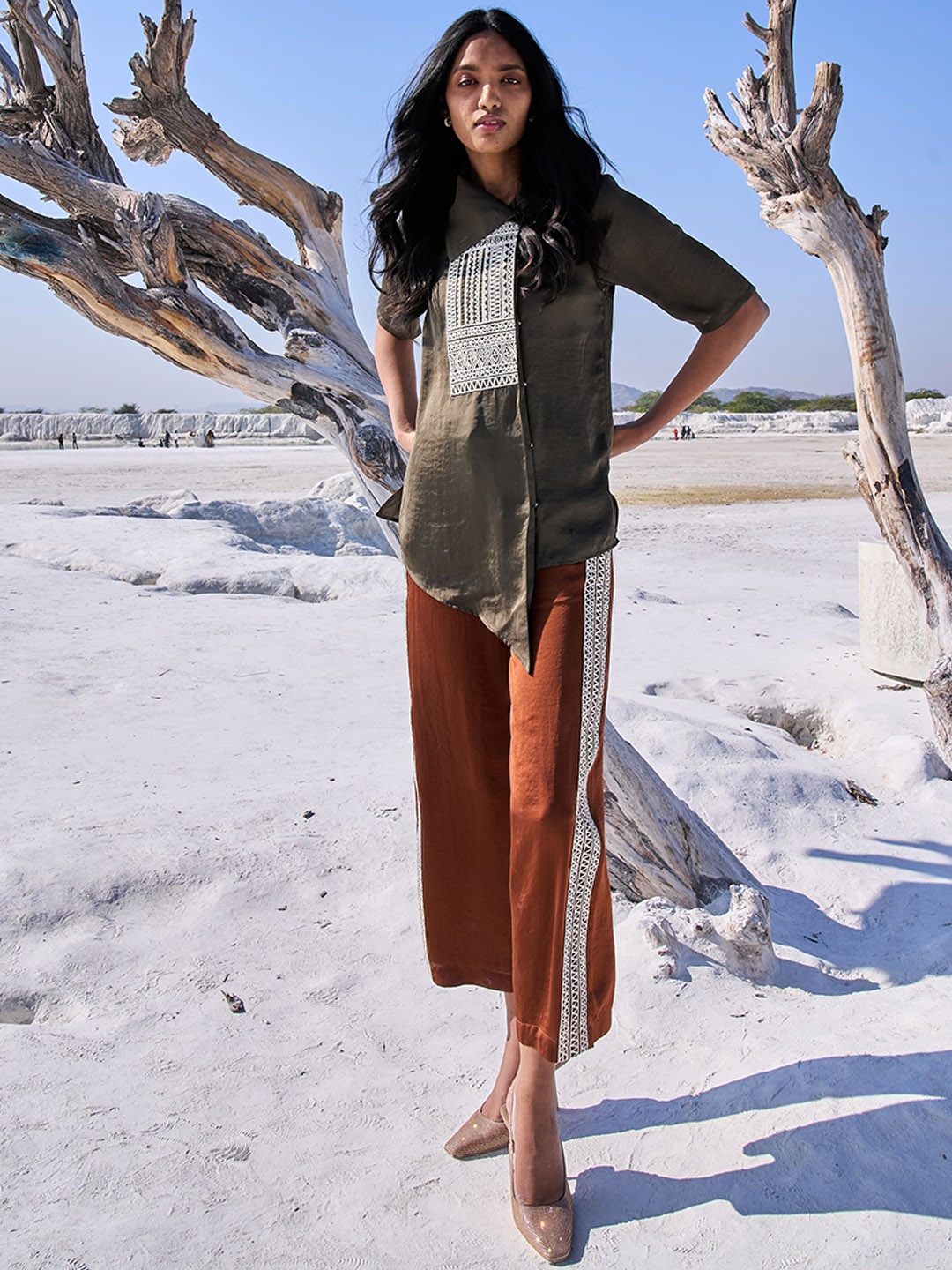 

Dash and Dot Embroidered Shirt Collar Neck Shirt & Flared Trouser, Green