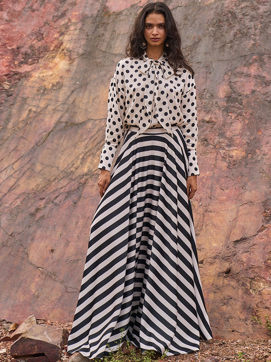 

Dash and Dot Printed Top With Maxi Skirt, White
