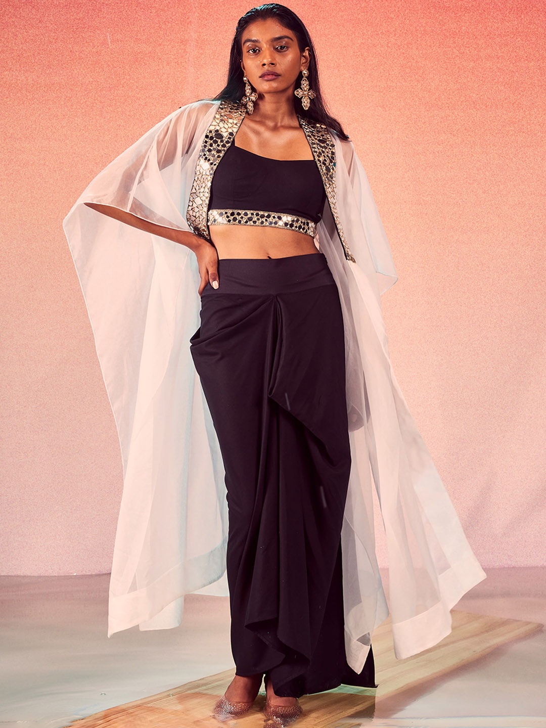 

Dash and Dot Mirror Work Shrug & Top with Skirt, Black