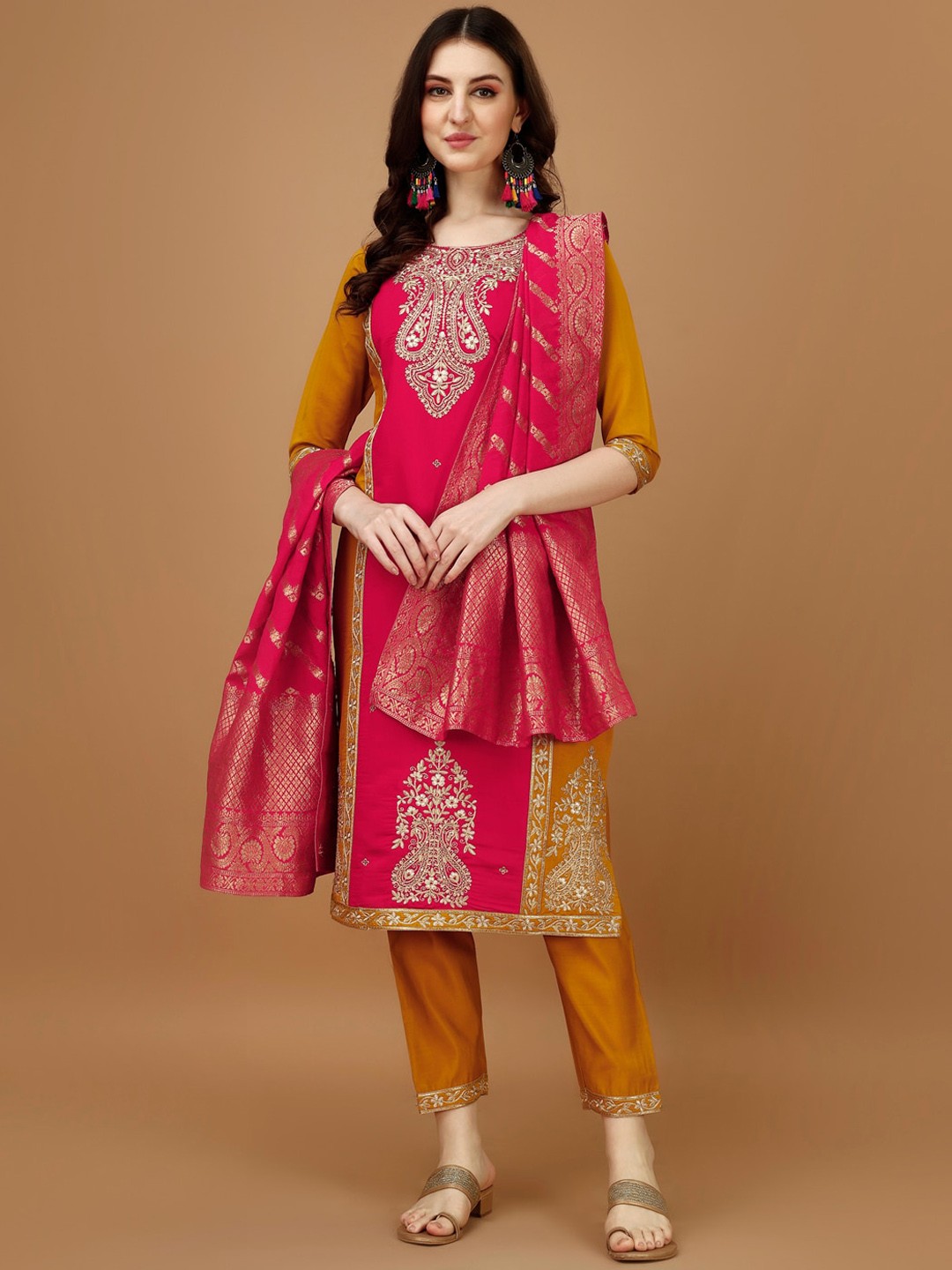 

KALINI Ethnic Motifs Embroidered Regular Chanderi Cotton Kurta with Trousers & Dupatta, Mustard