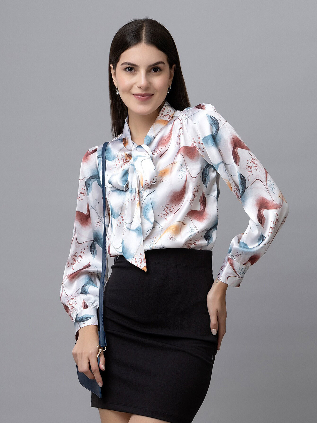 

PURYS Floral Print Tie-Up Neck Cuffed Sleeves Satin Top, White