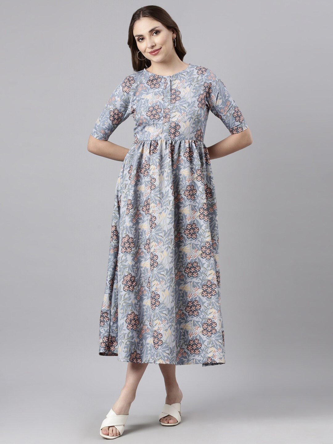 

TWIN BIRDS Floral Printed Gathered Fit and Flare Midi Dress, Blue