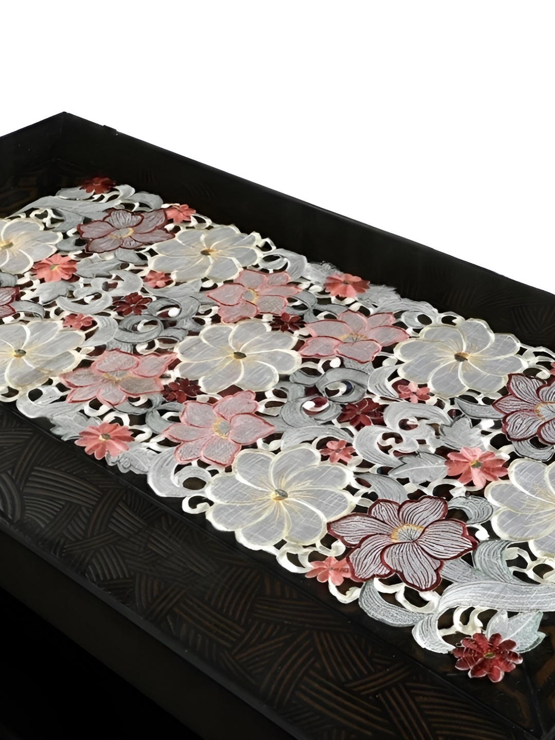 

MONKDECOR White & Maroon Floral-Embroidered Tissue Table Runner