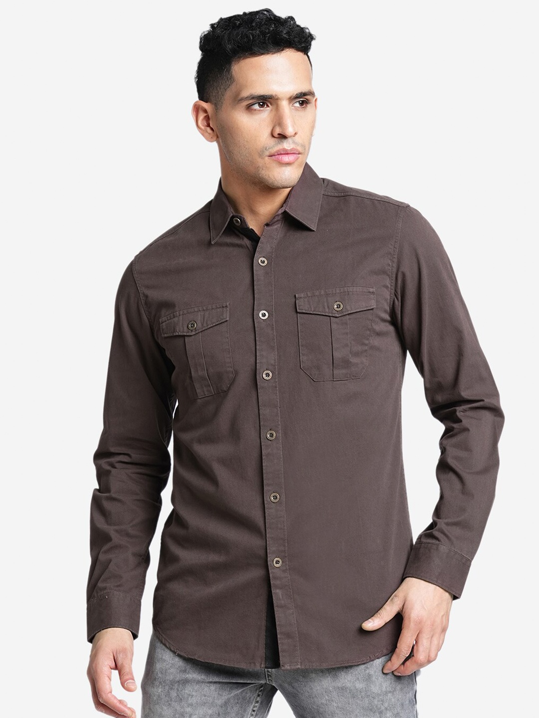 

Blue Buddha Comfort Spread Collar Cotton Curved Casual Shirt, Brown