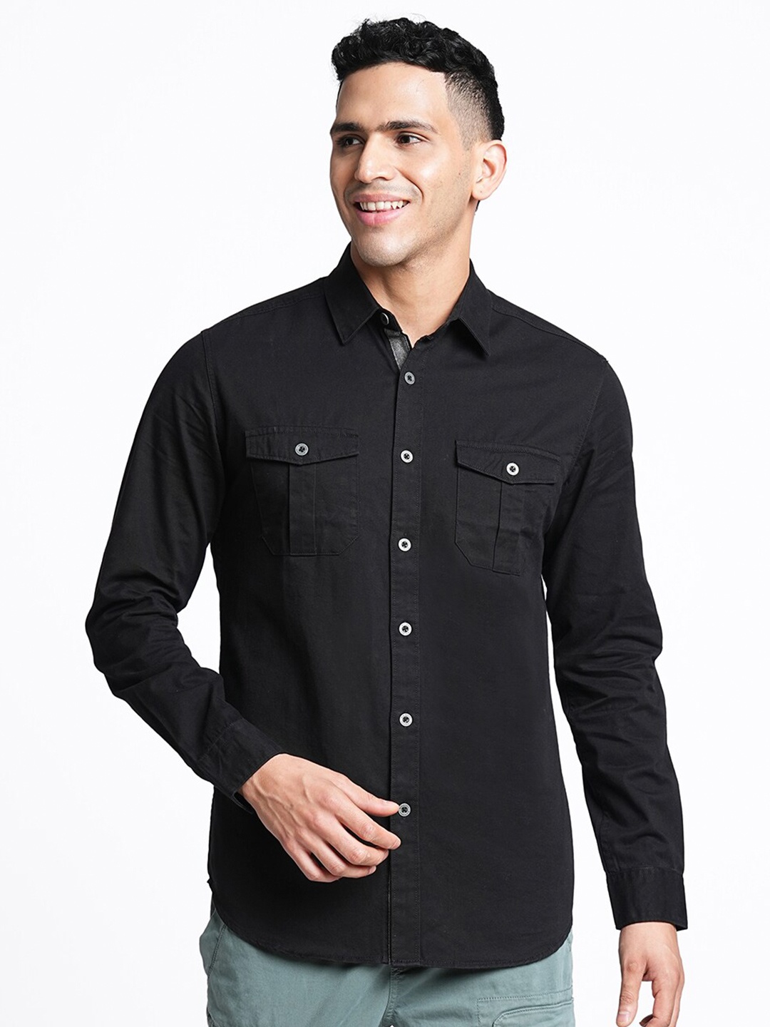 

Blue Buddha Comfort Spread Collar Cotton Curved Casual Shirt, Black