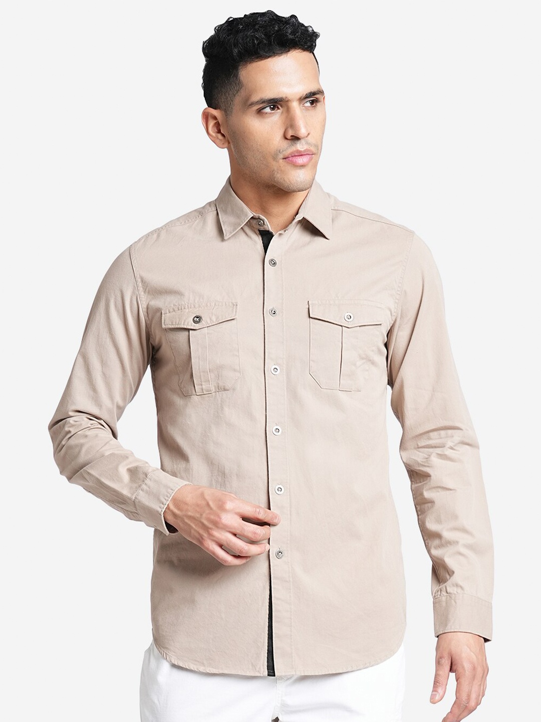 

Blue Buddha Comfort Spread Collar Cotton Curved Casual Shirt, Beige