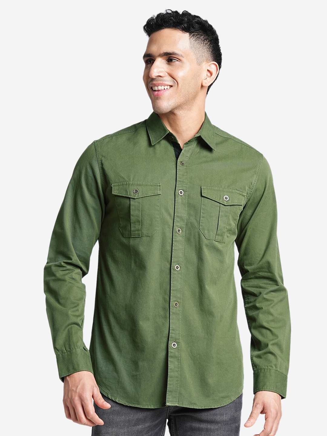 

Blue Buddha Comfort Spread Collar Cotton Curved Casual Shirt, Olive
