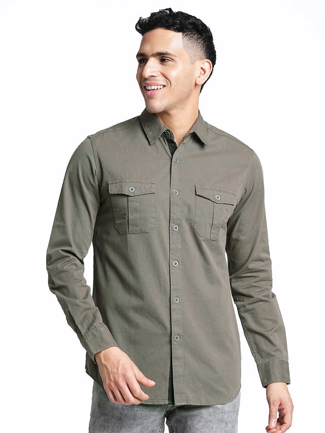 

Blue Buddha Comfort Spread Collar Cotton Curved Casual Shirt, Grey