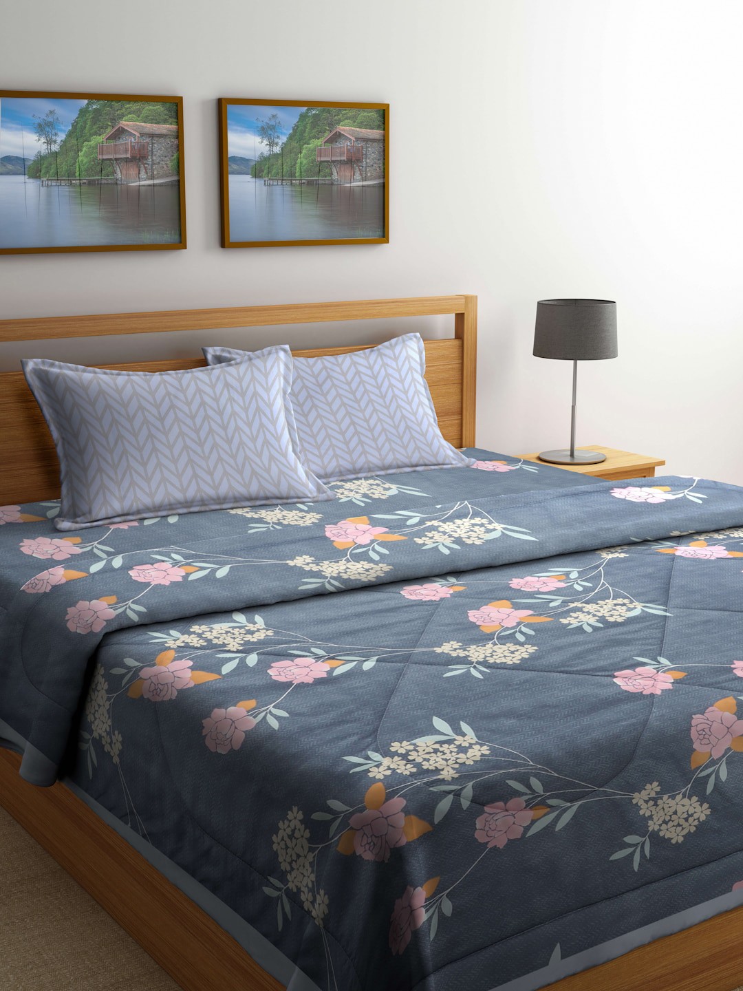 

Miaz Lifestyle Grey & Pink 4 Pieces Floral Printed Cotton Double Queen Bedding Set