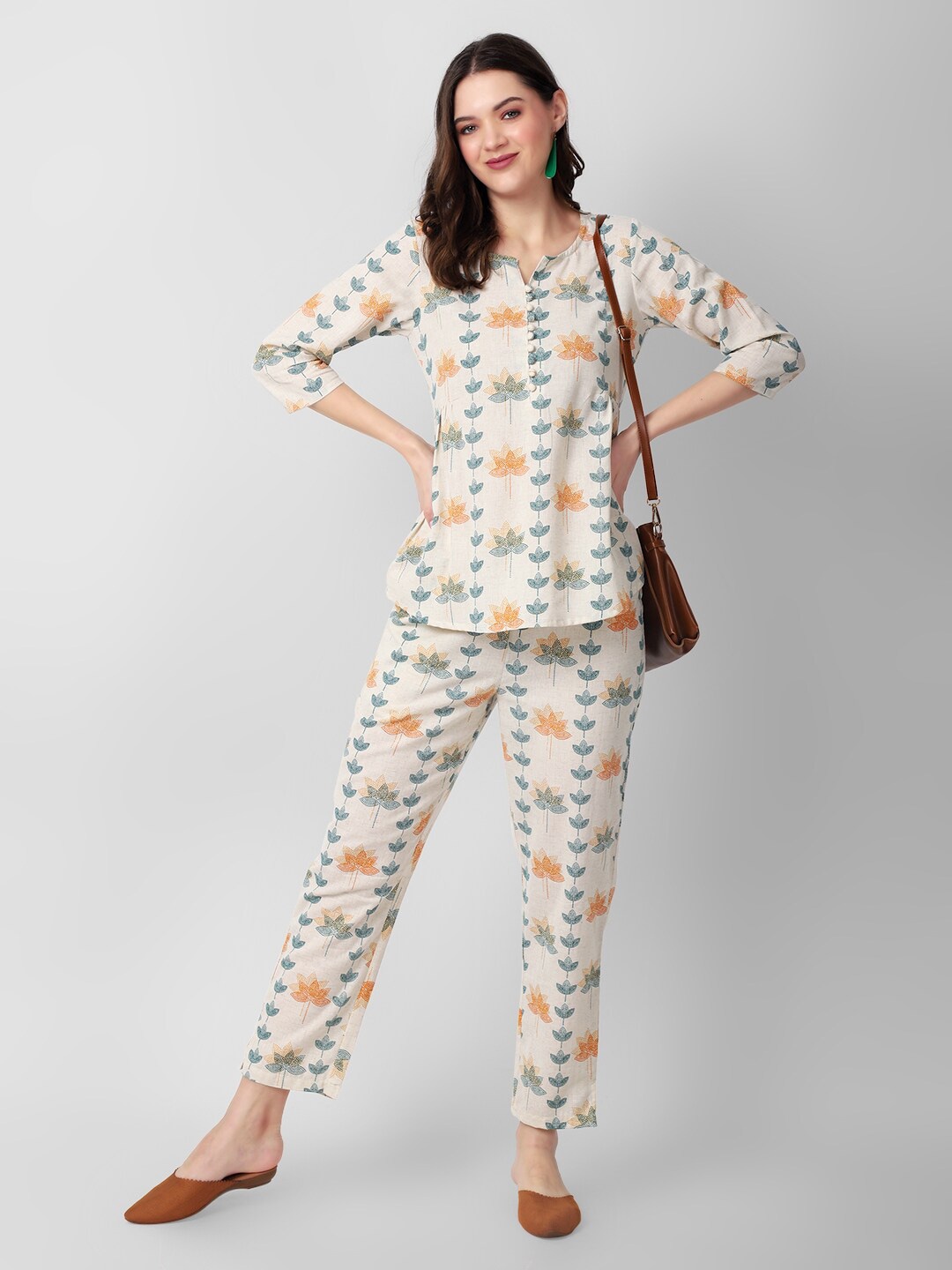 

Haute and Humble Floral Printed Pure Cotton A-Line Top, Off white