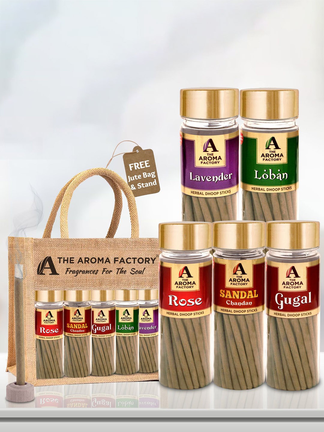 

The Aroma Factory Brown 5 Pcs Rose Sandal Loban & Lavender Fragrance Incense Sticks & Bag