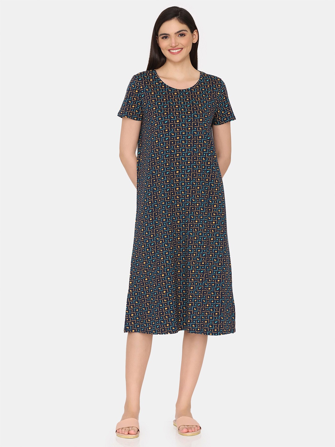 

Rosaline by Zivame Printed Pure Cotton Nightdress, Blue