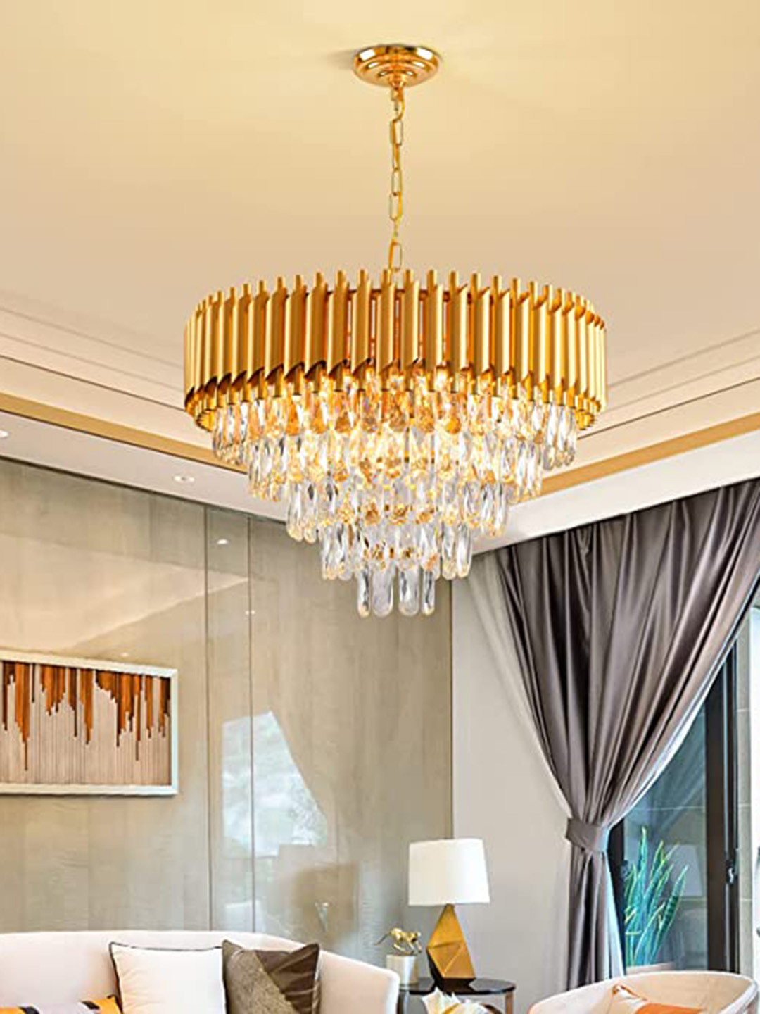 

FLOSTON GoldToned Modern Crystal 4-Tier Gold Chandeliers Ceiling Lamps