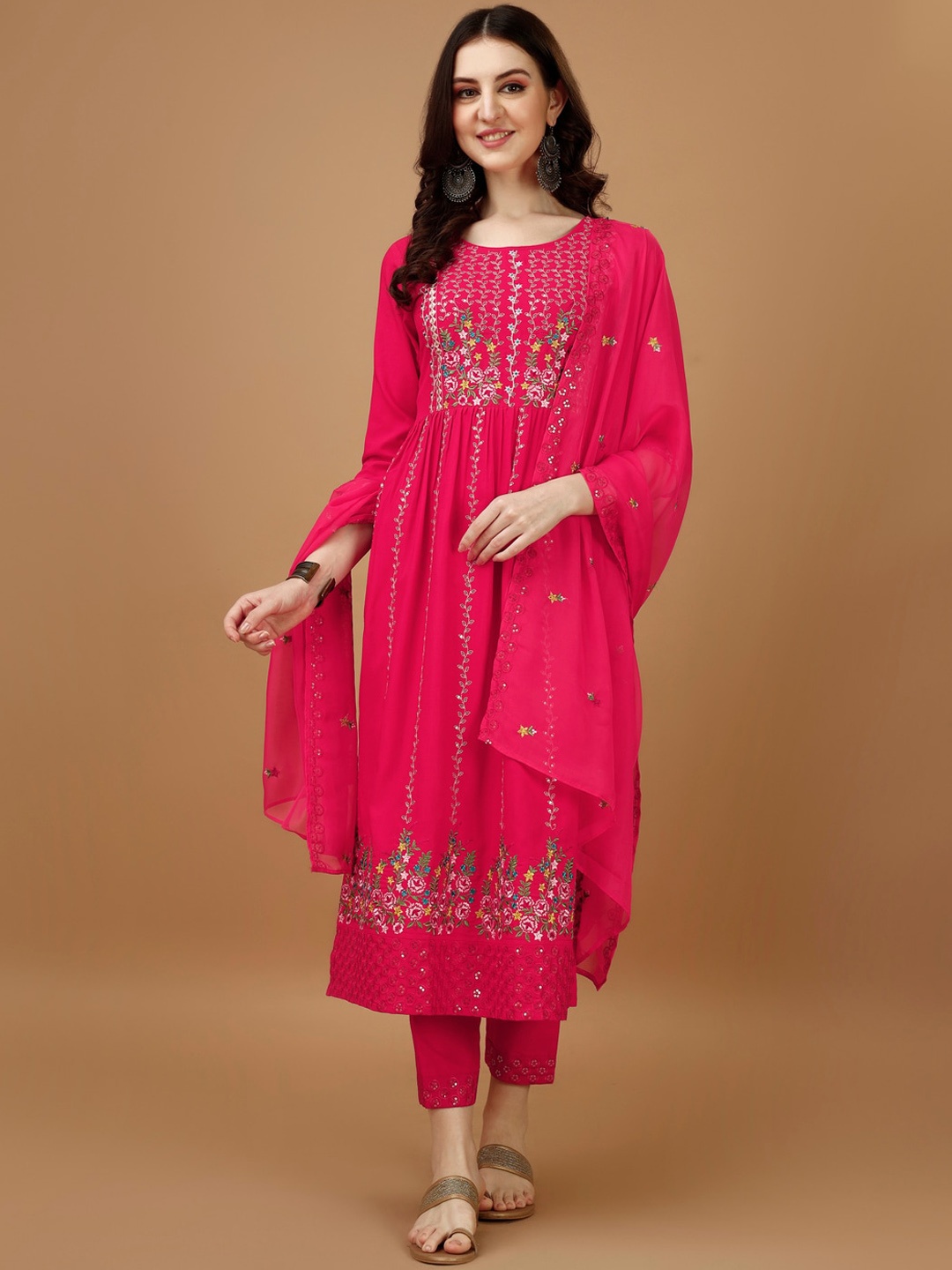 

Berrylicious Embroidered Pleated Sequinned Straight Kurta with Trousers & Dupatta, Pink