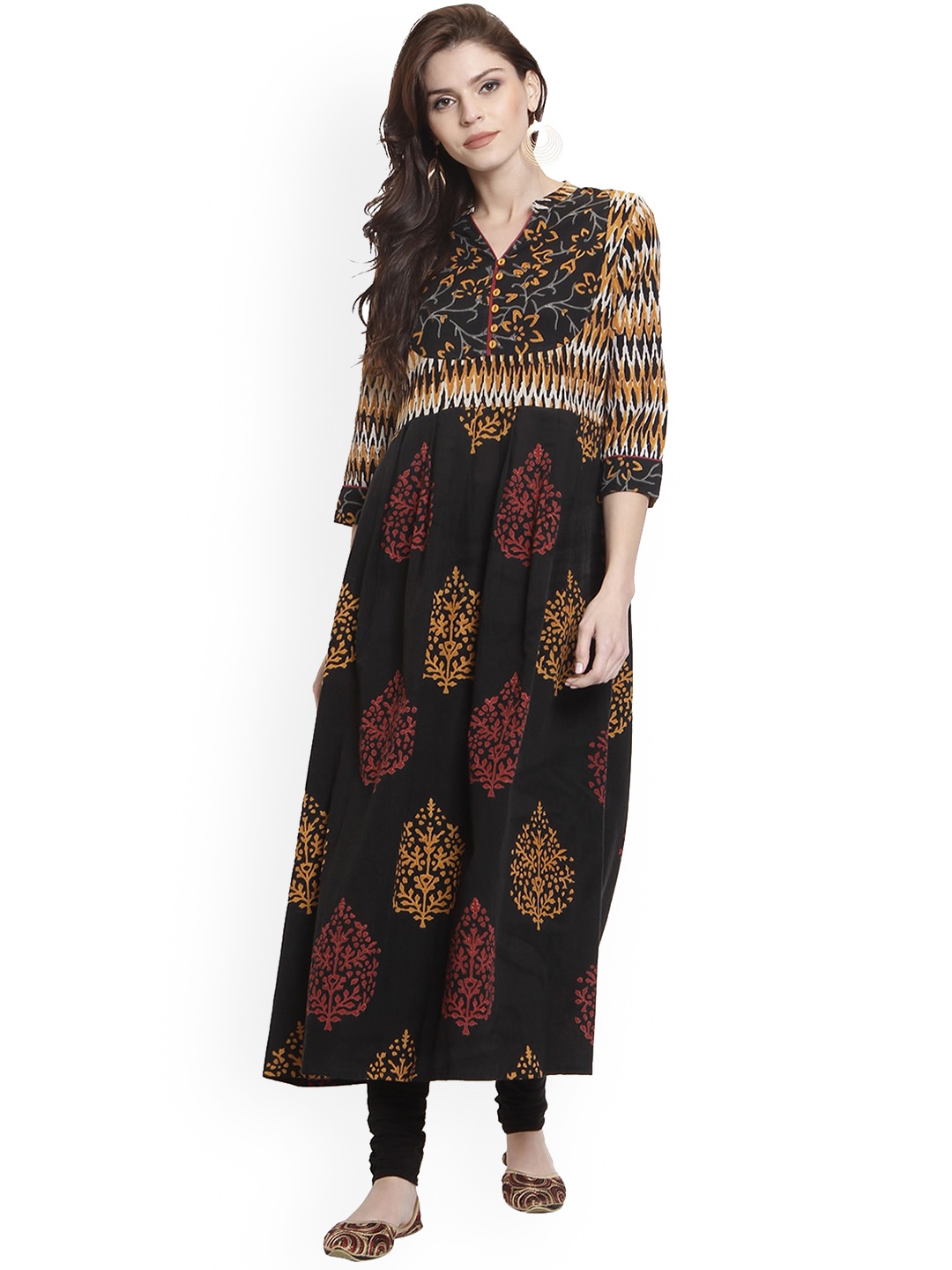 

all about you Black Ethnic Motifs Printed Mandarin Collar Cotton A-Line Kurta