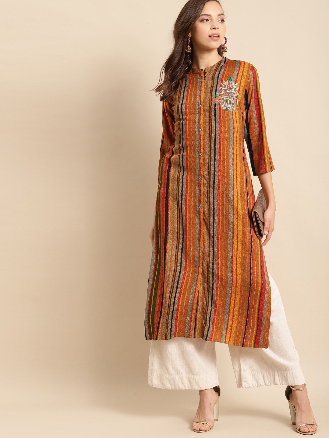 

all about you Red Striped Mandarin Collar Beads and Stones Liva Straight Kurta