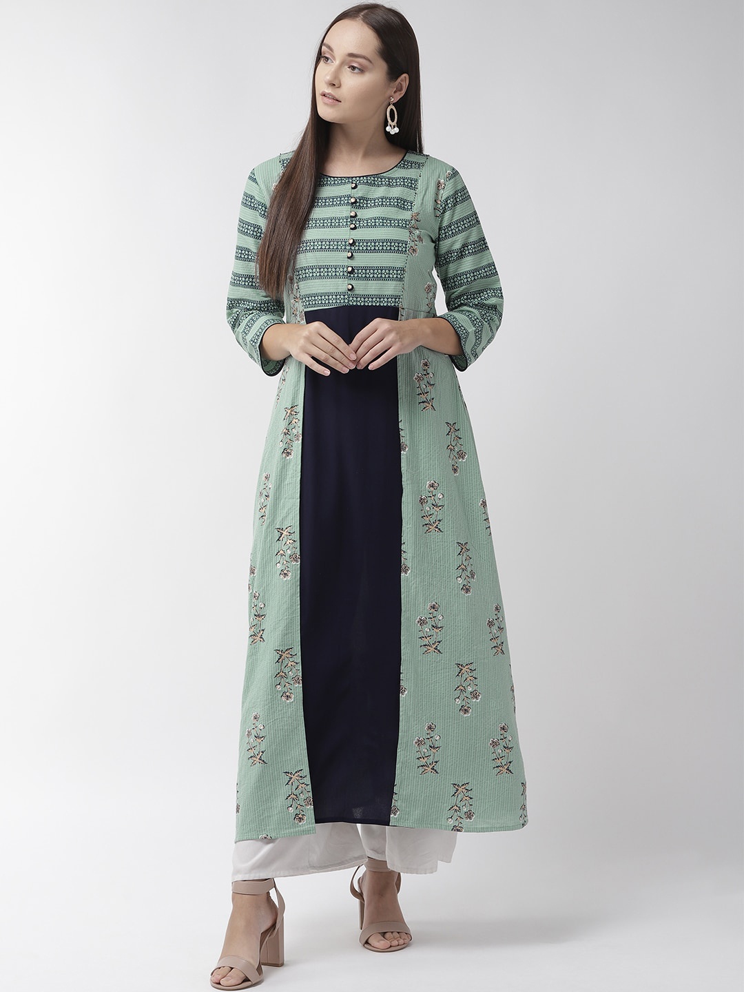 

all about you White Ethnic Motifs Printed Round Neck Thread Work Dobby Cotton A-Line Kurta, Teal