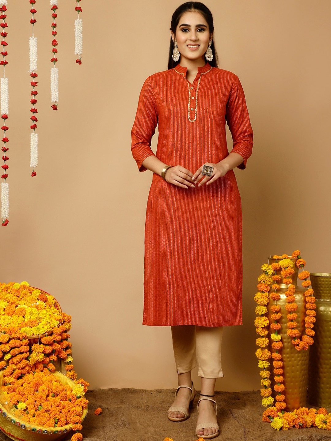 

Jaipur Kurti Zari Work Striped Straight Kurta, Rust