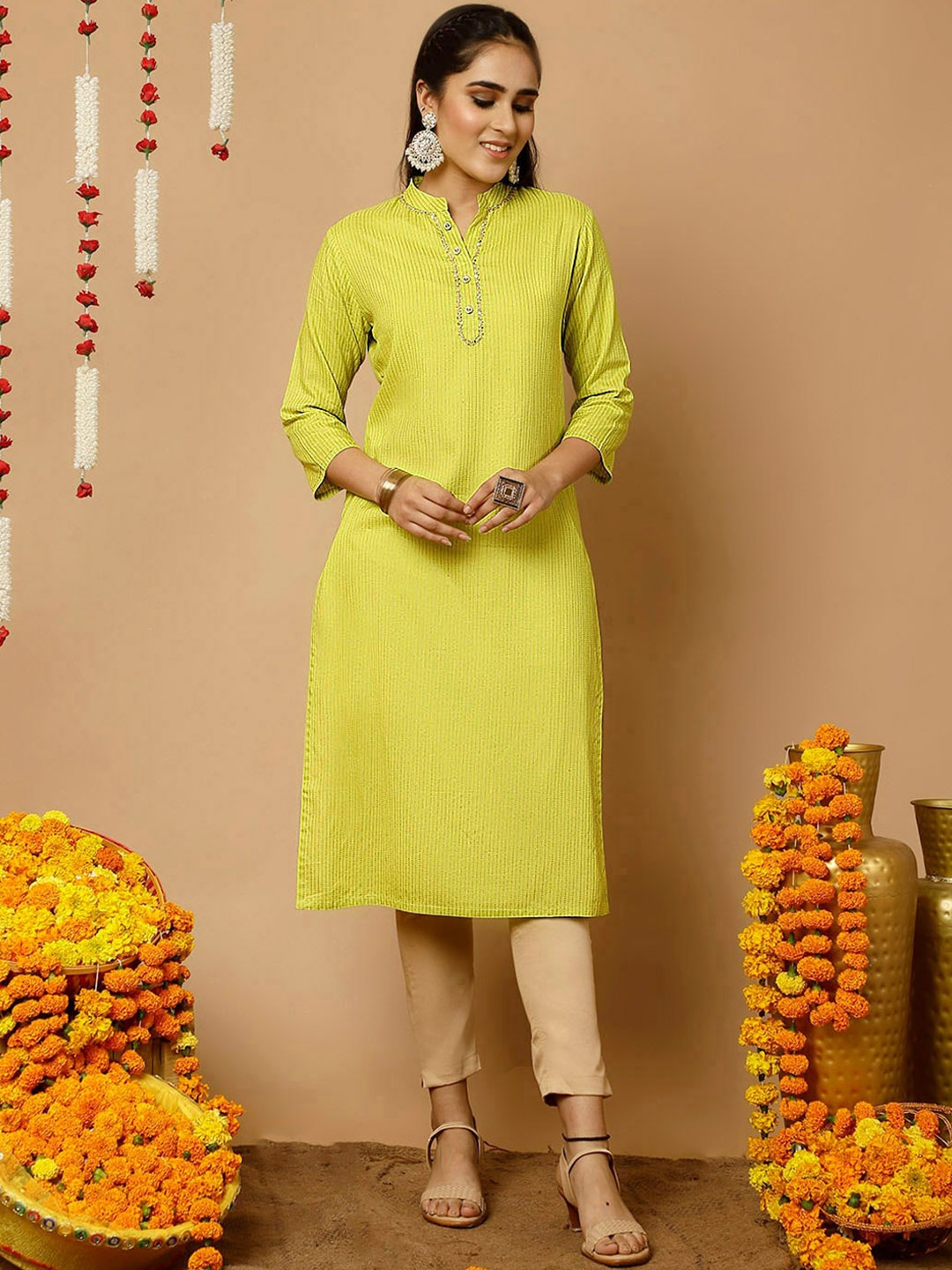 

Jaipur Kurti Zari Work Striped Straight Kurta, Lime green