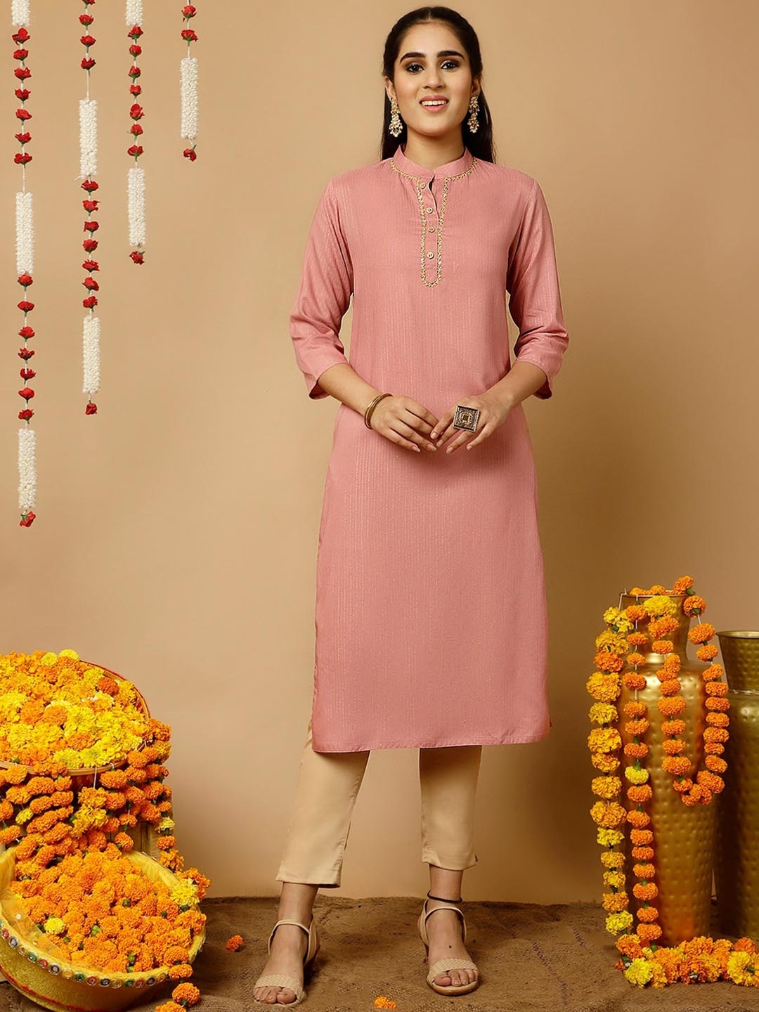 

Jaipur Kurti Zari Work Striped Straight Kurta, Lavender