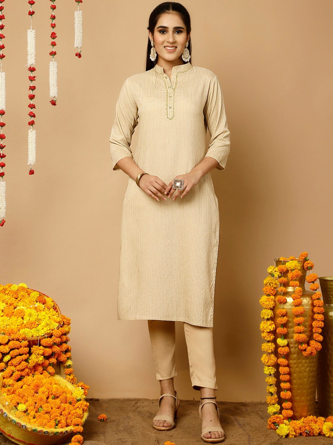 

Jaipur Kurti Zari Work Striped Straight Kurta, Beige