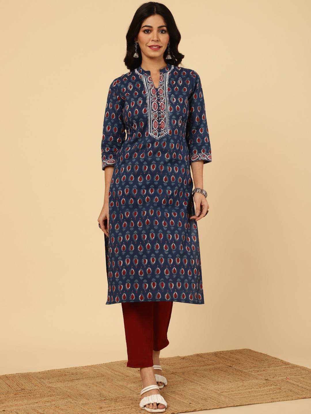 

Jaipur Kurti Embroidered Ethnic Printed Straight Cotton Kurta, Blue