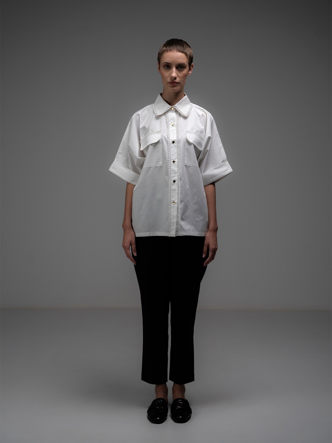 

SOTBELLA Lace Detailed Oversized Cotton Casual Shirt, White
