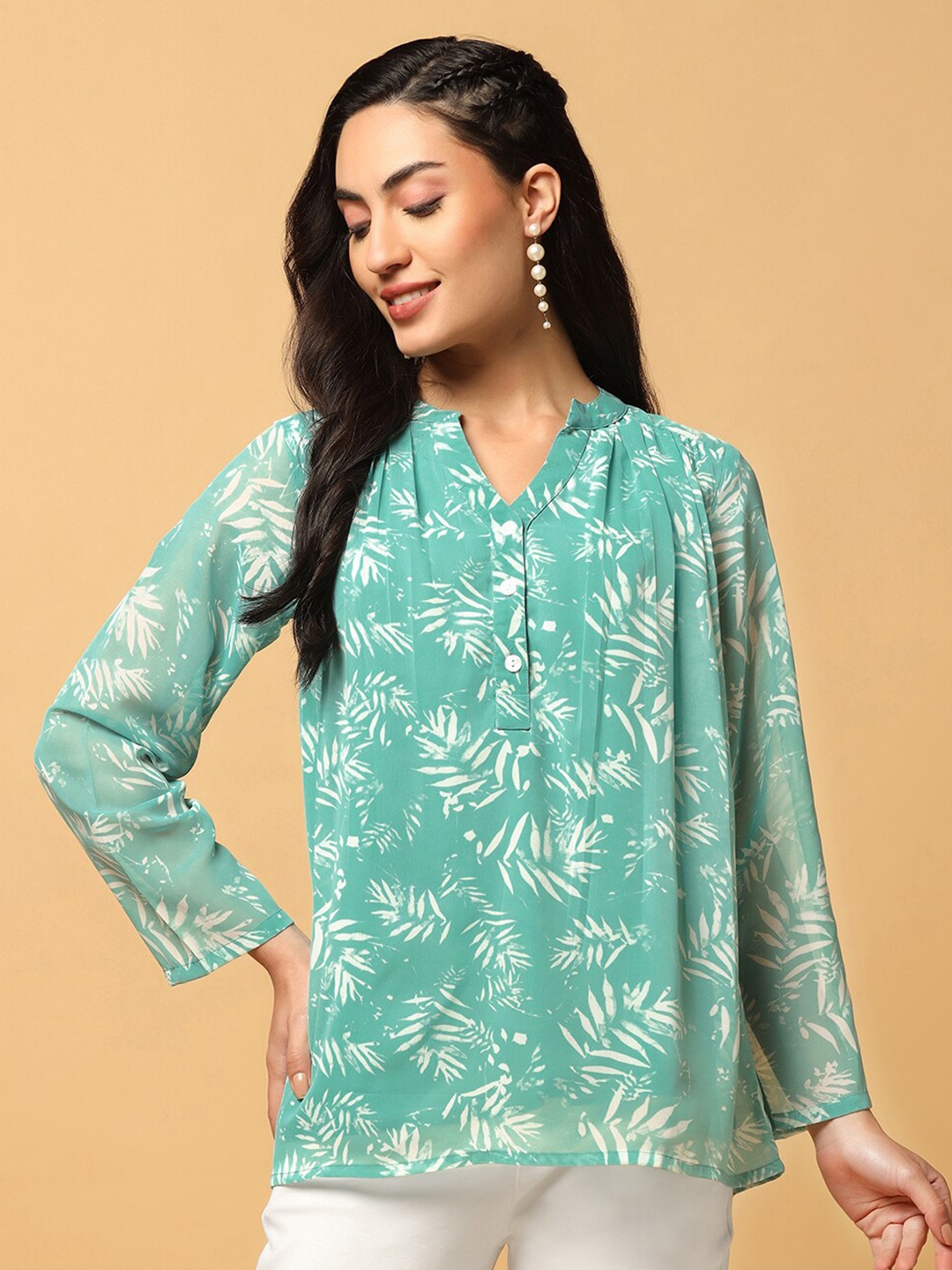 

FASHION DREAM Floral Printed Mandarin Collar Top, Green