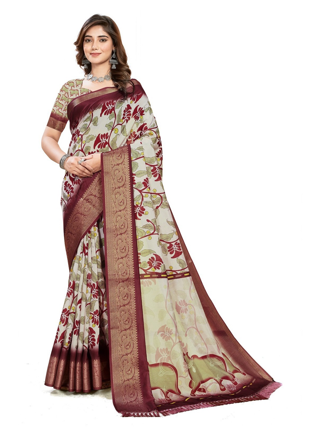 

ZEEPKART Floral Printed Woven Design Border Kanjeevaram Saree, Red