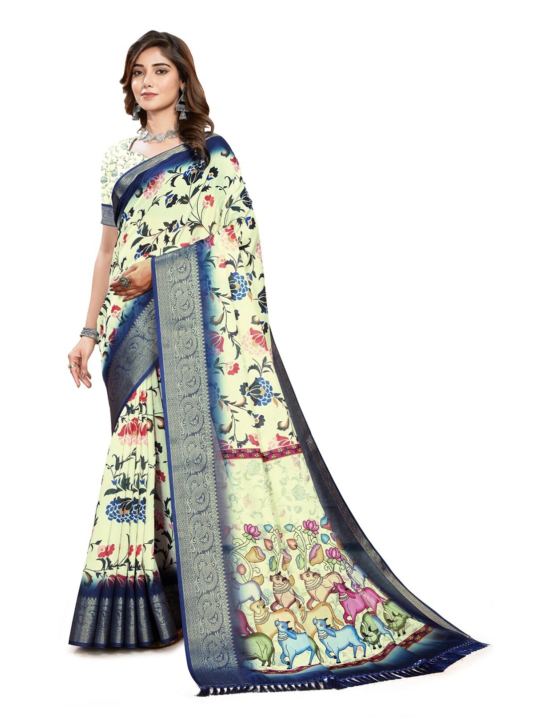 

ZEEPKART Kalamkari Printed Kanjeevaram Saree, Navy blue