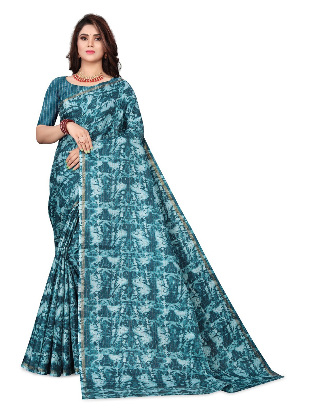 

ZEEPKART Abstract Woven Design Zari Saree, Turquoise blue