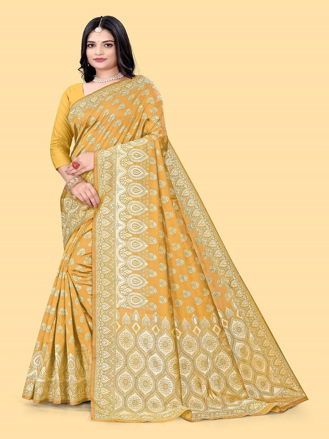 

ZEEPKART Ethnic Motifs Woven Design Kanjeevaram Saree, Mustard