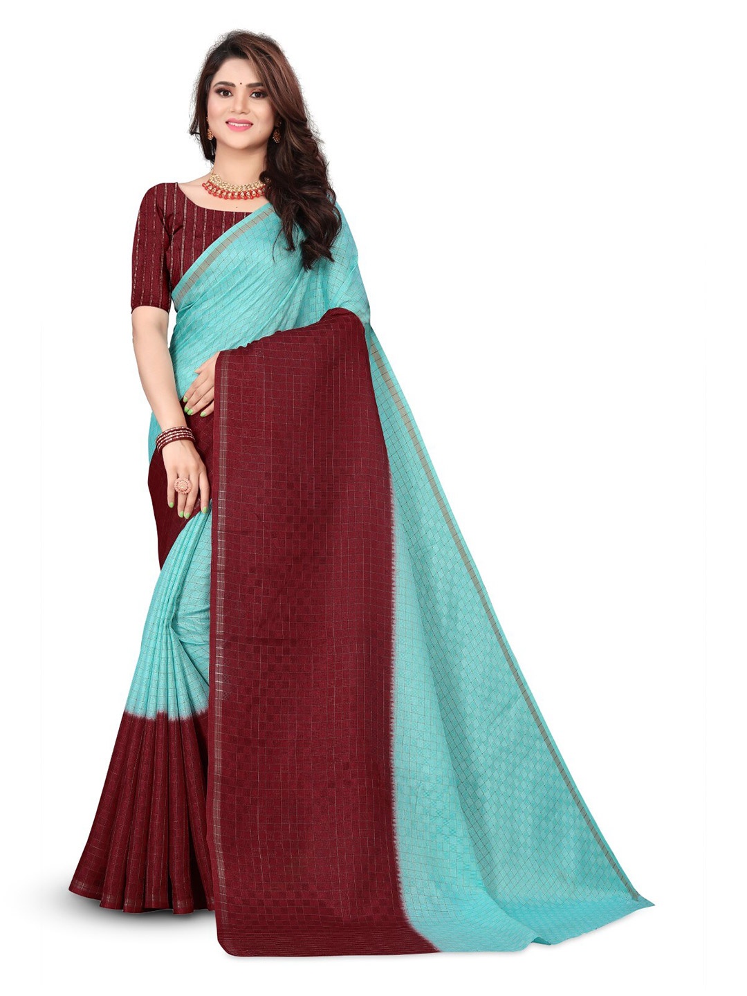 

ZEEPKART Checked Woven Design Saree, Red