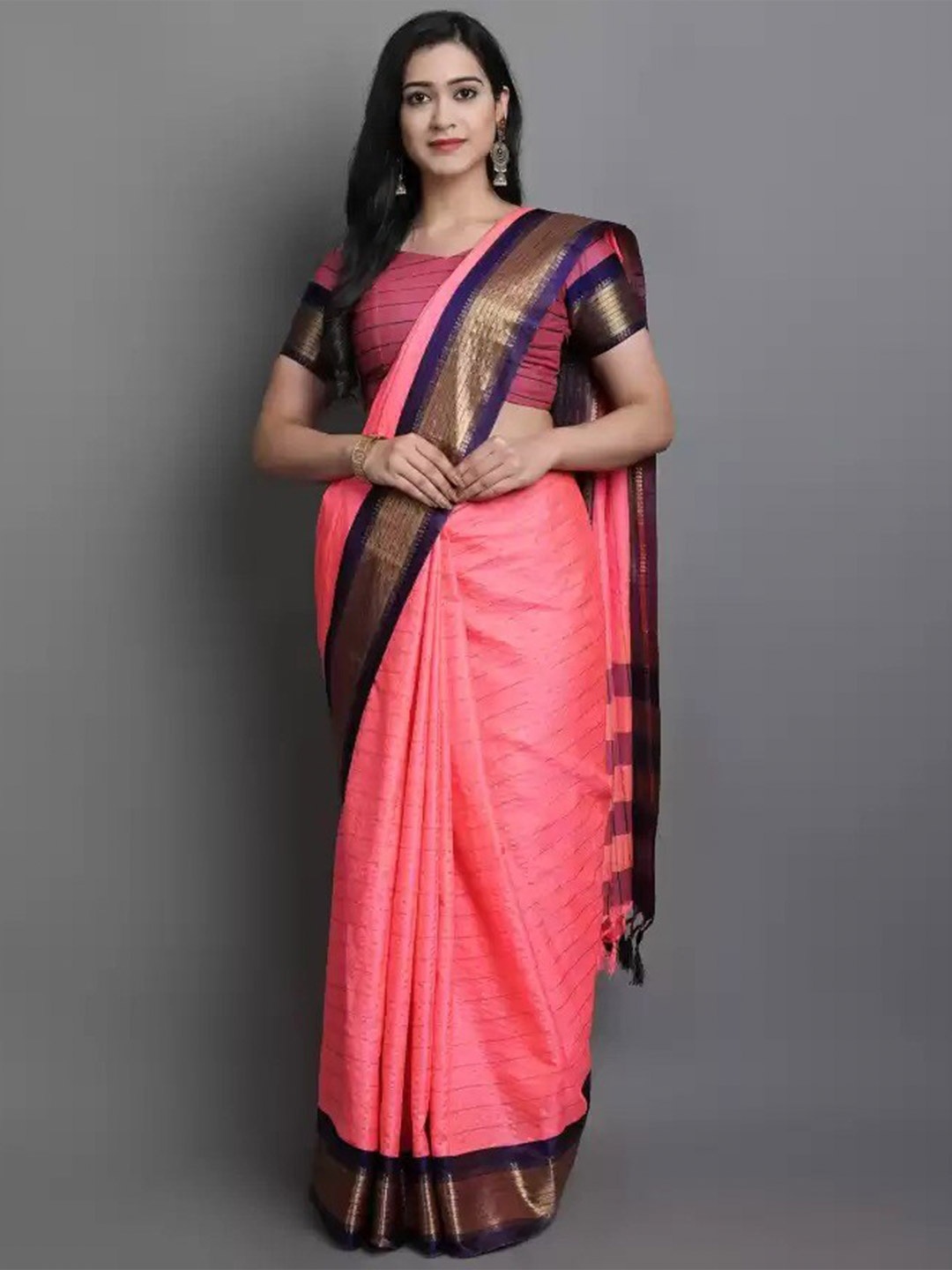 

ZEEPKART Checked Woven Design Saree, Pink