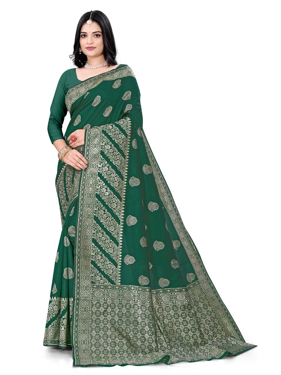 

ZEEPKART Ethnic Motifs Woven Design Kanjeevaram Saree, Green