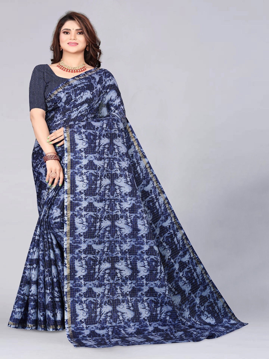 

ZEEPKART Abstract Printed Saree, Navy blue