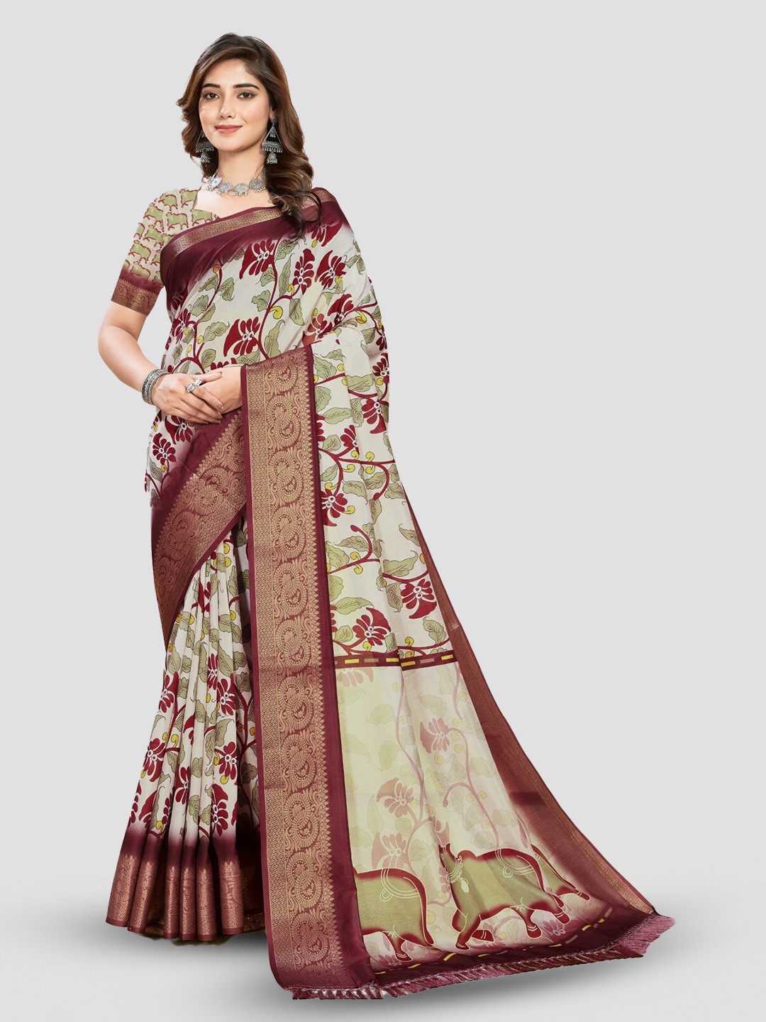 

ZEEPKART Ethnic Motifs Printed Kanjeevaram Saree, Maroon