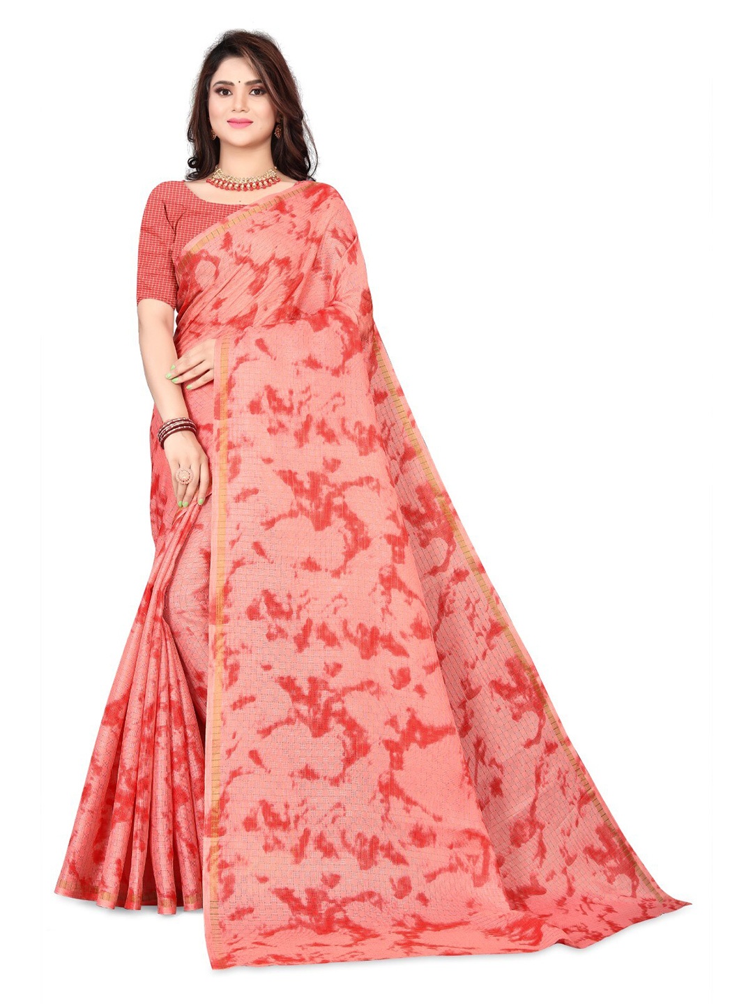 

ZEEPKART Checked Woven Design Saree, Red