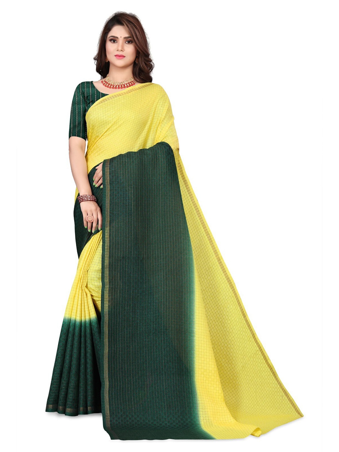 

ZEEPKART Checked Woven Design Saree, Green