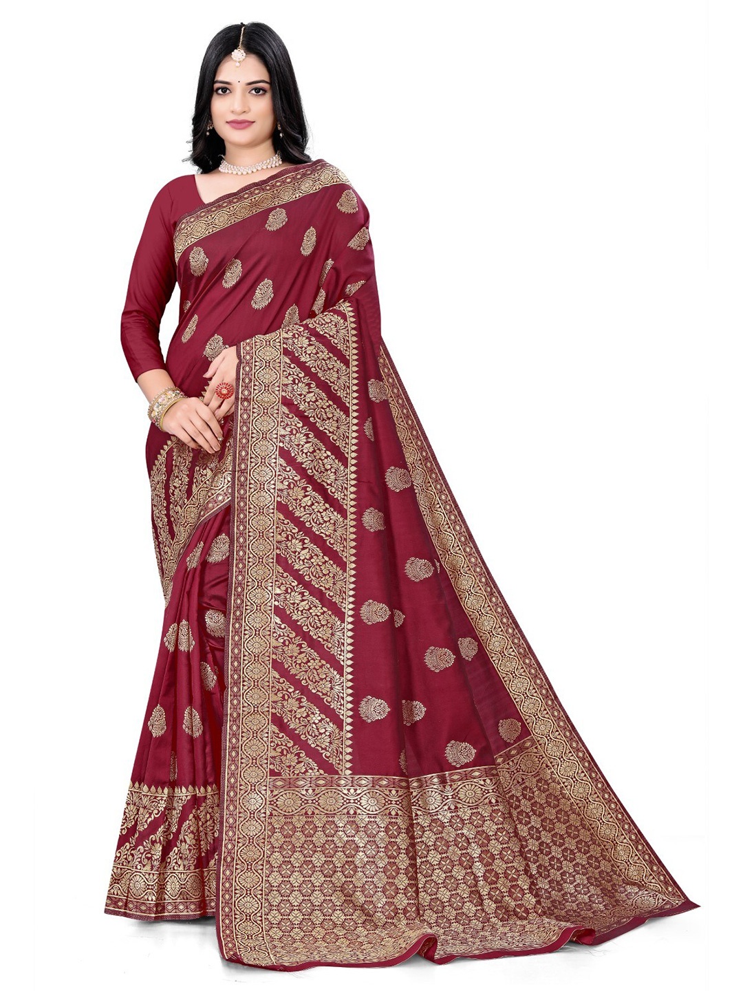 

ZEEPKART Ethnic Motifs Woven Design Zari Kanjeevaram Saree, Red