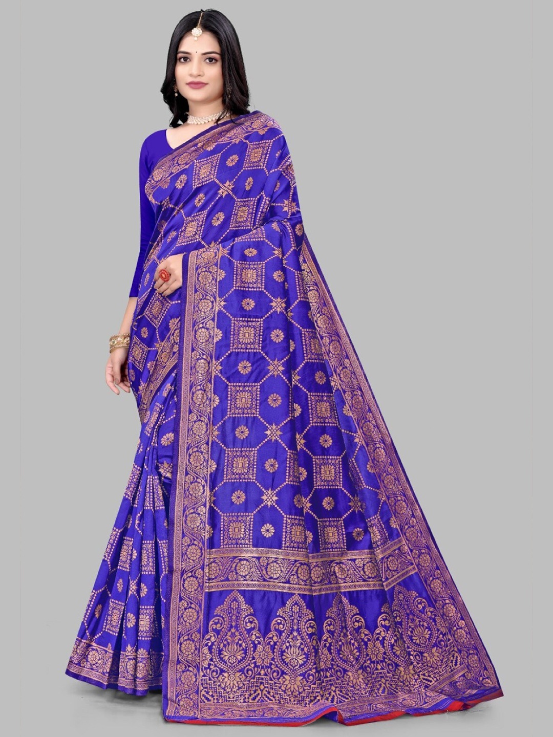 

ZEEPKART Ethnic Motifs Woven Design Zari Kanjeevaram Saree, Blue