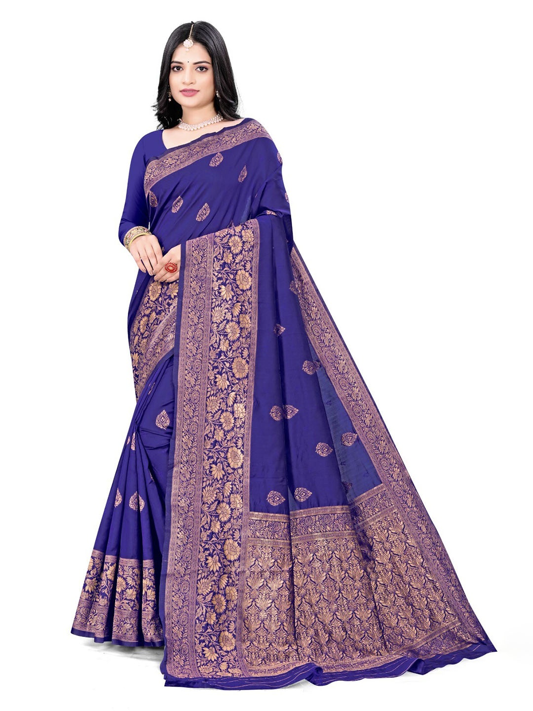 

ZEEPKART Ethnic Motifs Woven Design Zari Kanjeevaram Saree, Blue