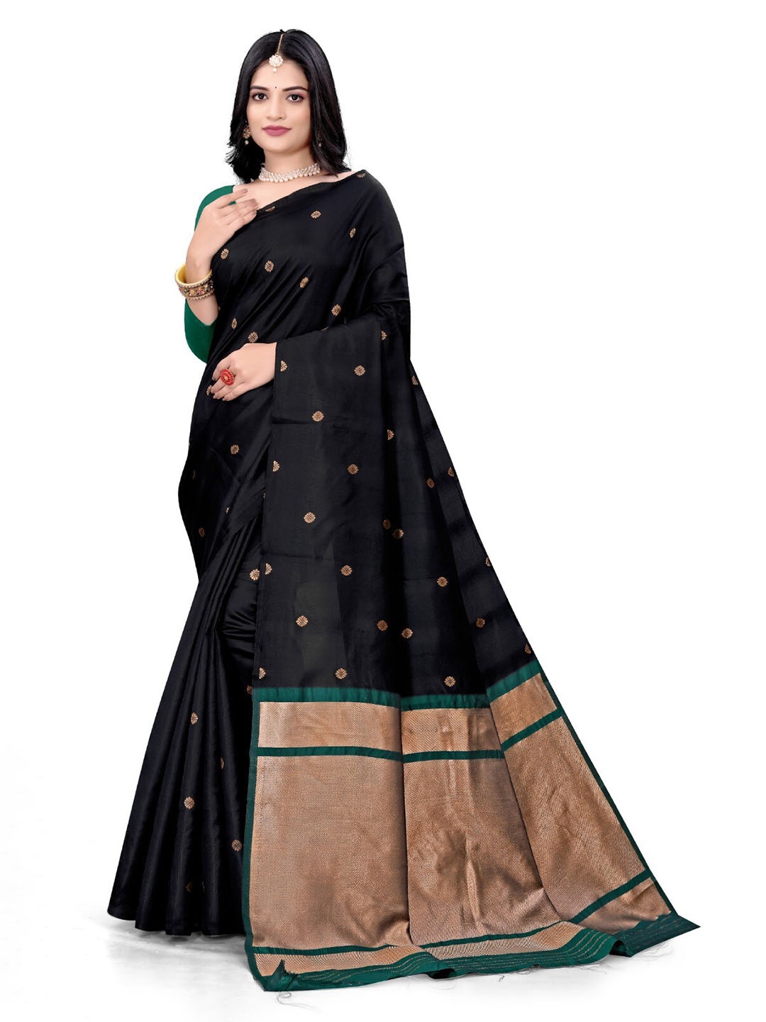 

ZEEPKART Ethnic Motifs Woven Design Zari Kanjeevaram Saree, Black