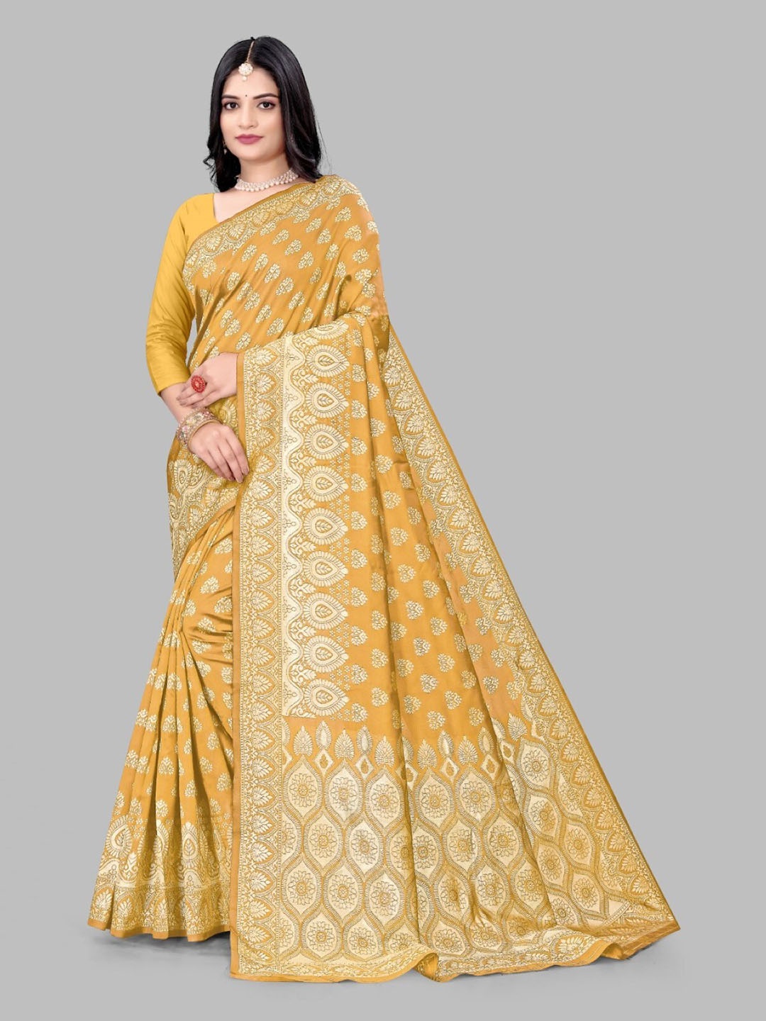 

ZEEPKART Ethnic Motifs Woven Design Zari Kanjeevaram Saree, Mustard