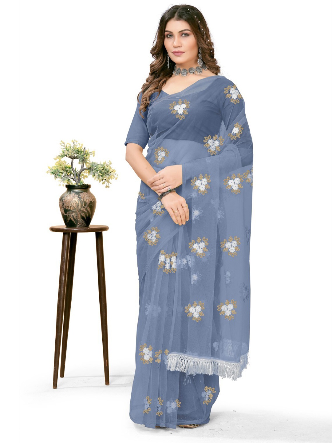 

ZEEPKART Floral Printed Net Saree with Tassels, Grey