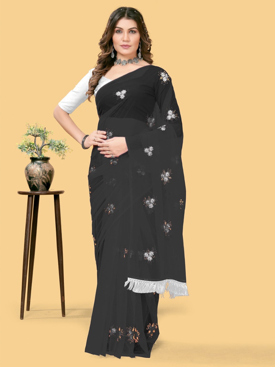 

ZEEPKART Floral Embroidered Net Saree with Tassels, Black
